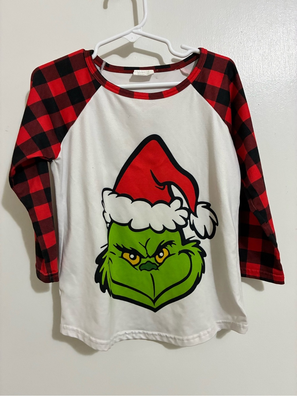 Kids Christmas Grinch Raglan Tee - Red Buffalo Plaid